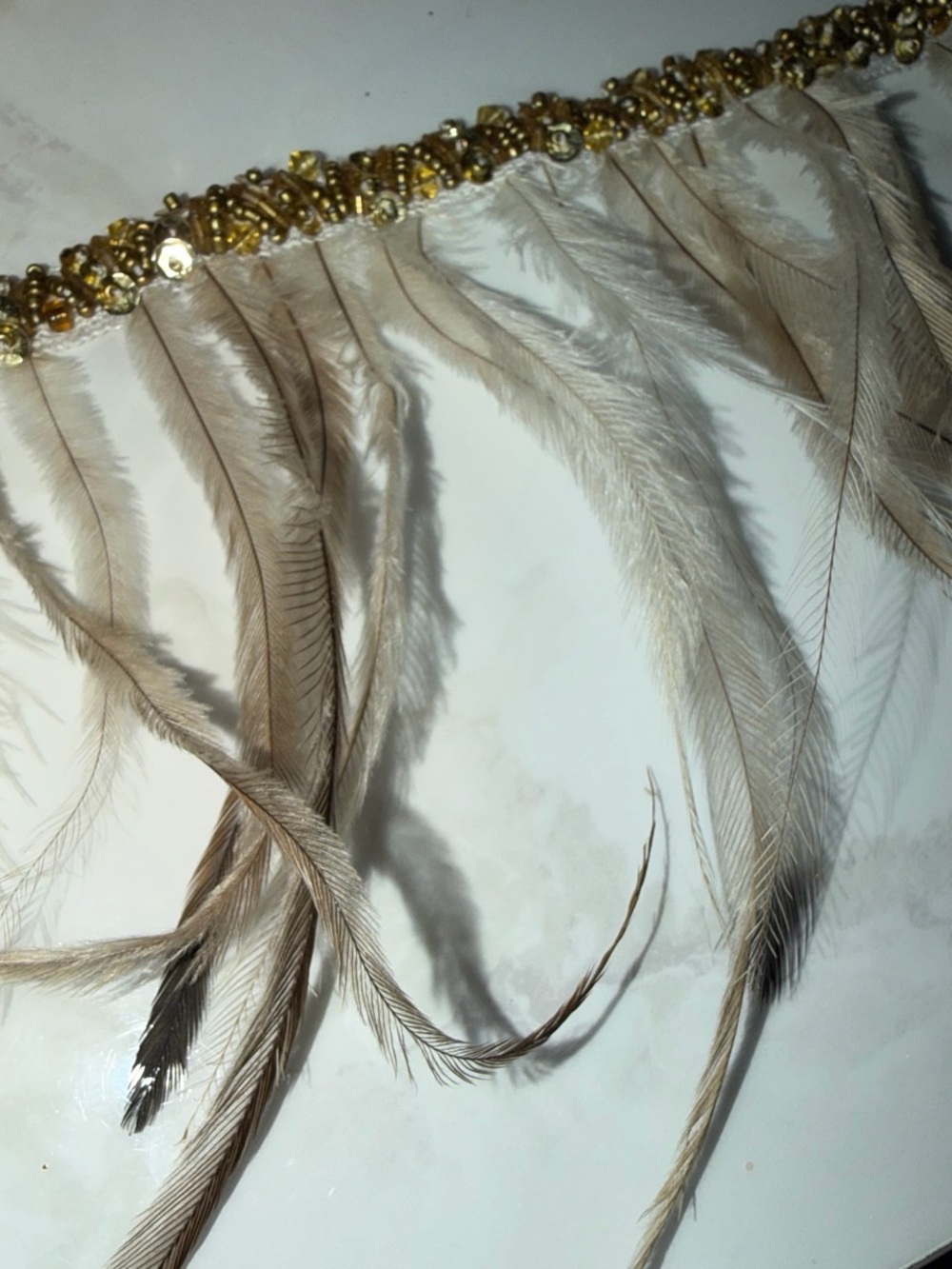 Charlotte Russe Beige Feather Fringe Necklace with Gold Beaded Trim